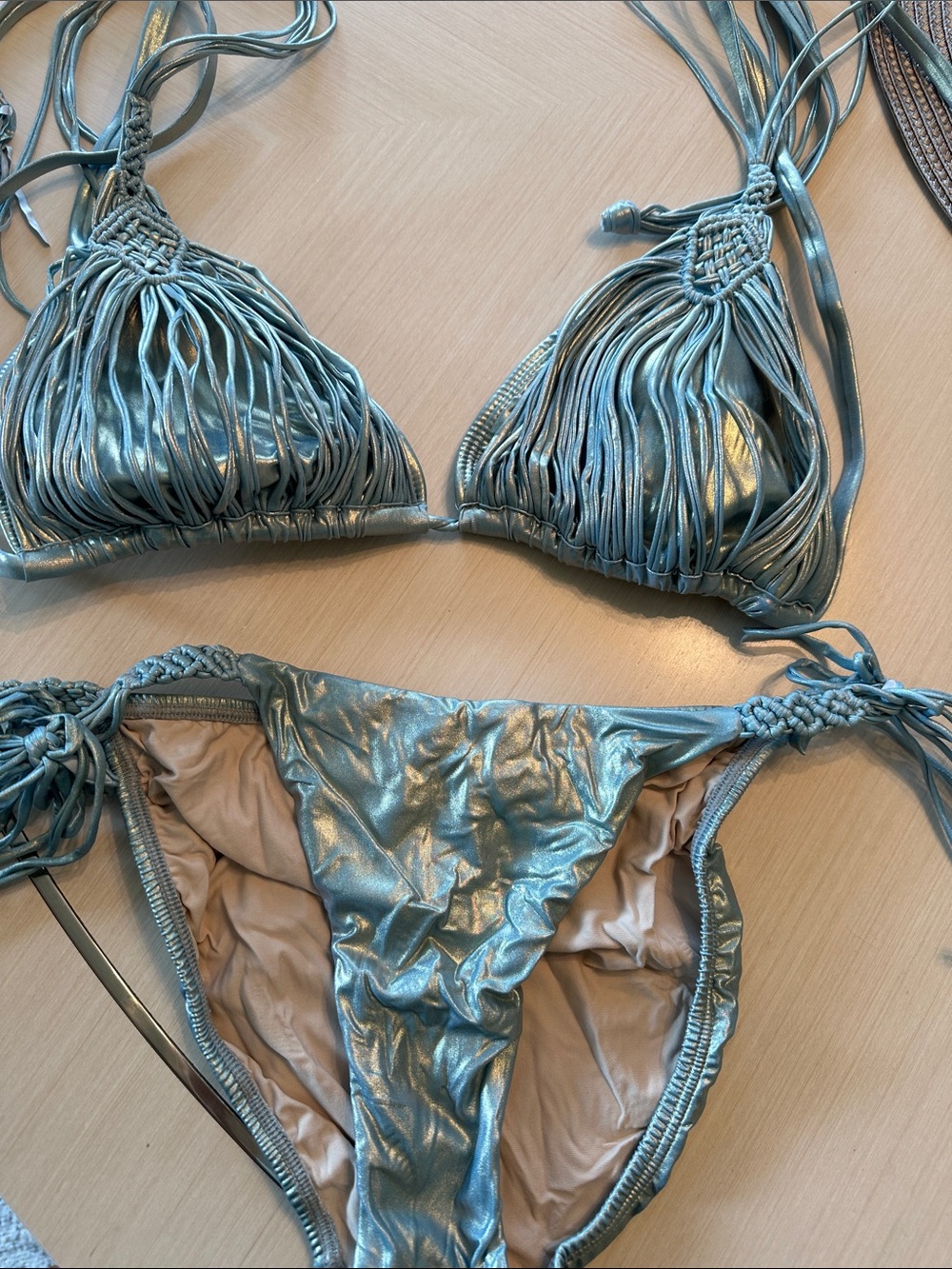 PQ Swim Metallic blue/gold Fringe Bikini Set L top small bottom beautiful ties